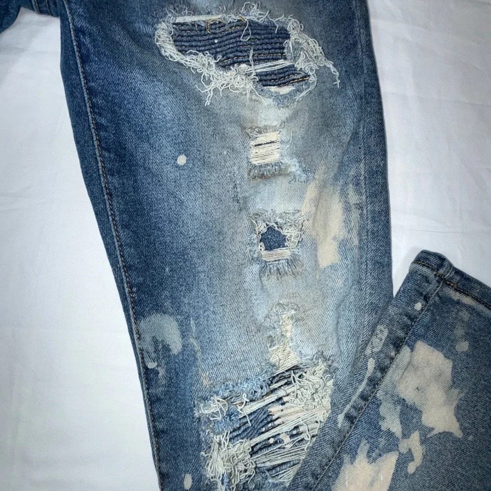 Embellish NYC Distressed Bleach Splatter Moto Skinny Jeans Blue Mens 34 x 30.5